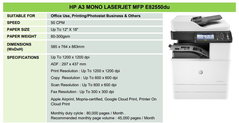 HP A3 MONO LASERJET MFP E82550du